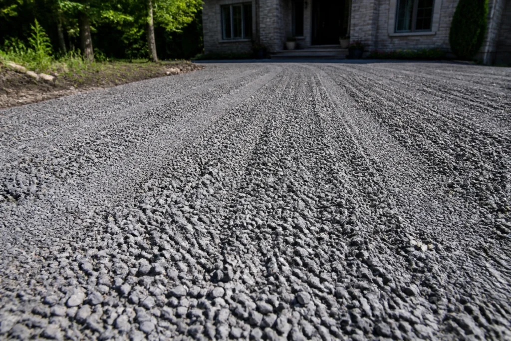 Allée carrossable en gravier concassé sans stabilisateur, compactée, avec traces de pneus visibles