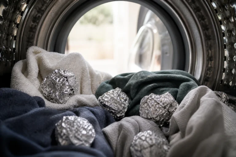 Boules de papier aluminium posées dans le tambour d'une machine à laver avec du linge