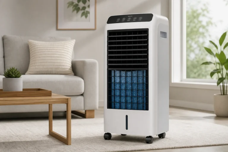 Rafraîchisseur d'air par évaporation dans un salon lumineux et sobre