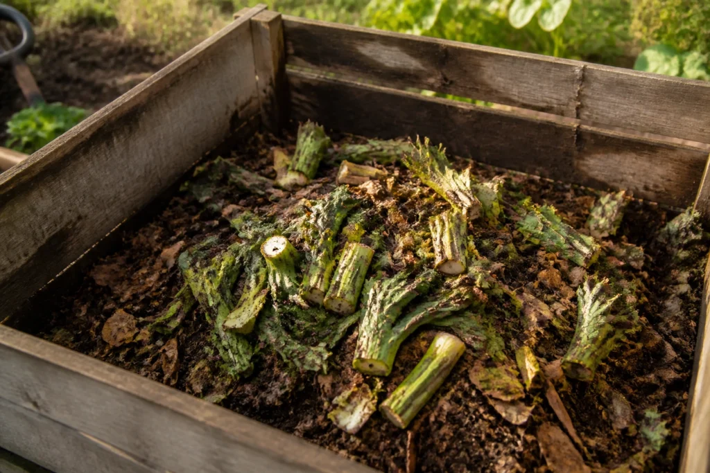 Restes d'artichaut coupés en morceaux dans un bac à compost de jardin
