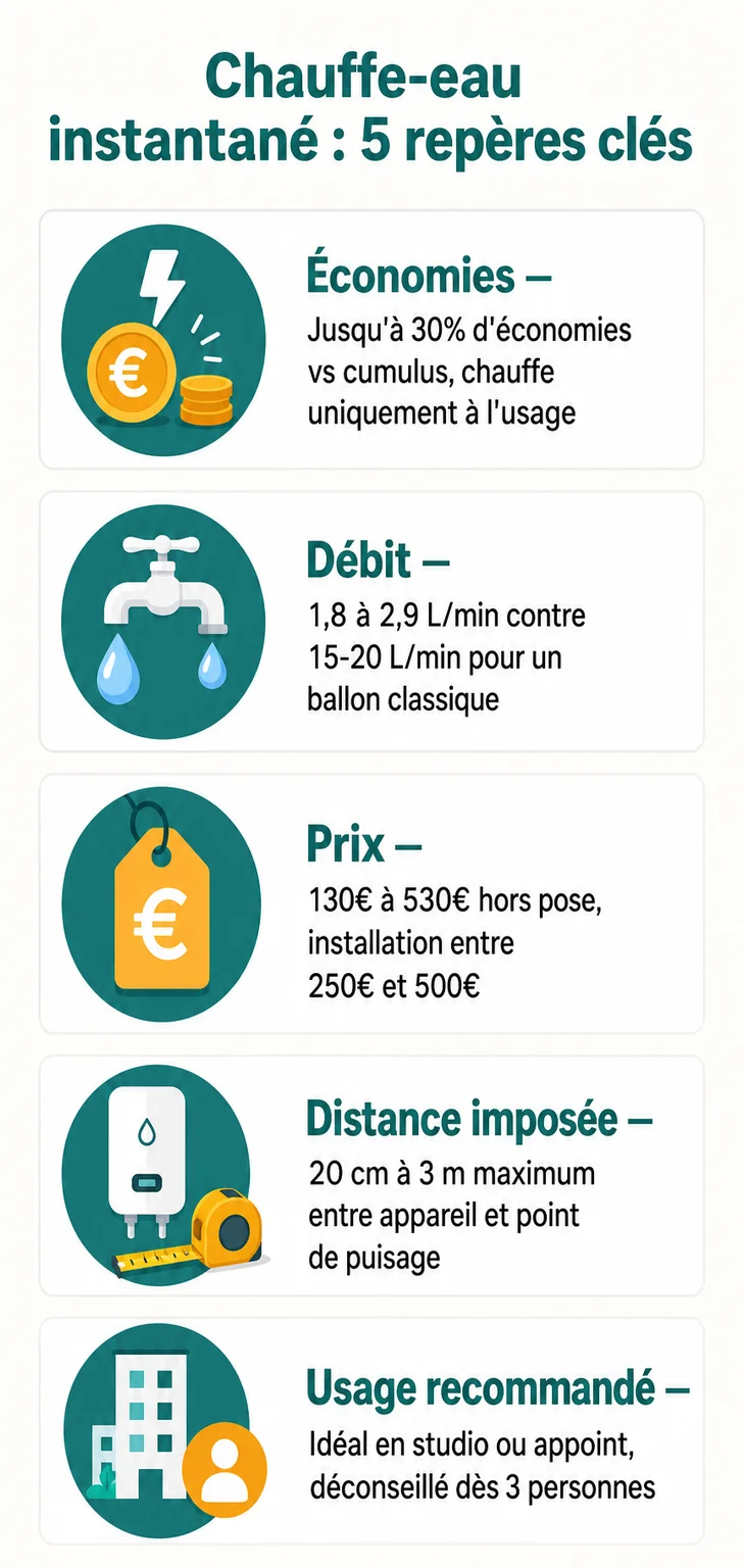 Chauffe-eau instantané : 5 repères clés : Économies, Débit, Prix, Distance imposée, Usage recommandé
