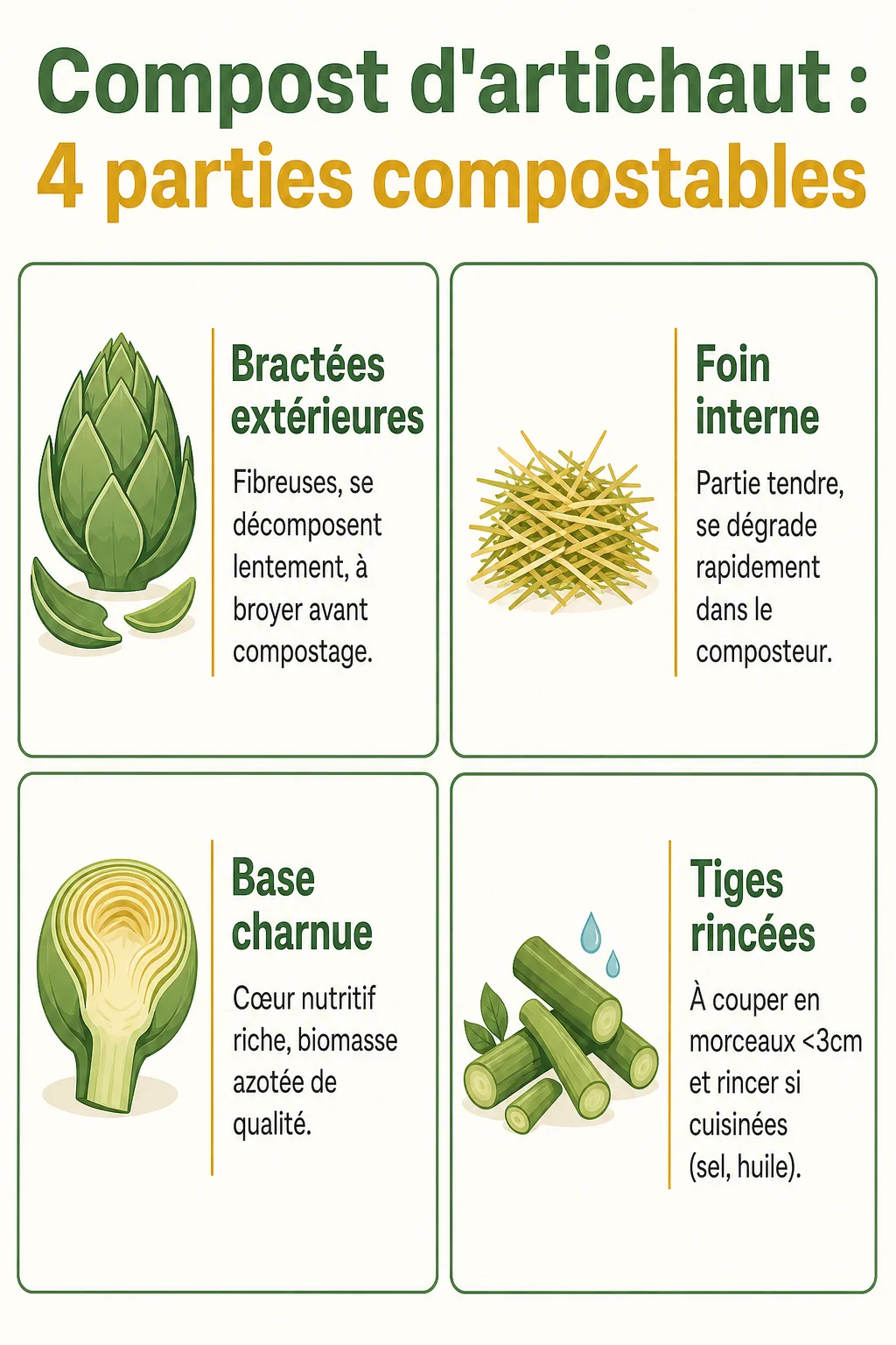 Compost d'artichaut : 4 parties compostables : Bractées extérieures, Foin interne, Base charnue, Tiges rincées
