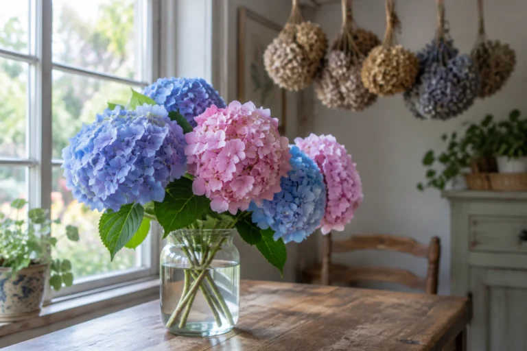 Hortensias frais en vase à côté de têtes séchées suspendues en arrière-plan