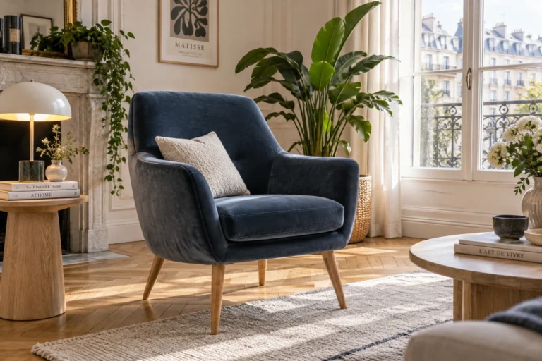 Fauteuil design en velours bleu ardoise dans un salon lumineux avec parquet et plante verte