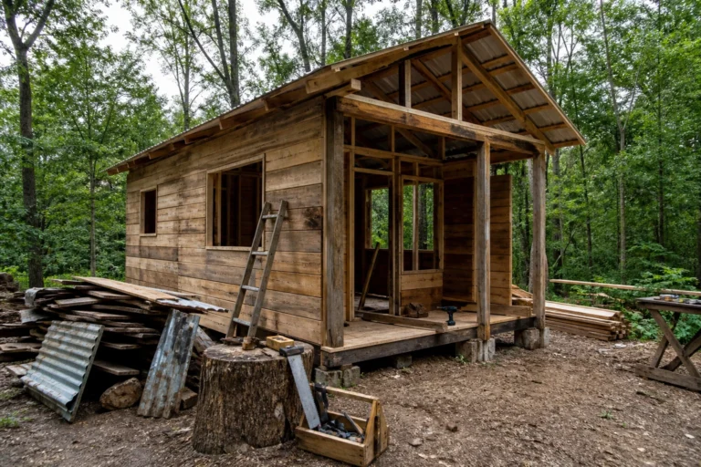 Cabane en bois en autoconstruction avec matériaux de récupération dans une clairière
