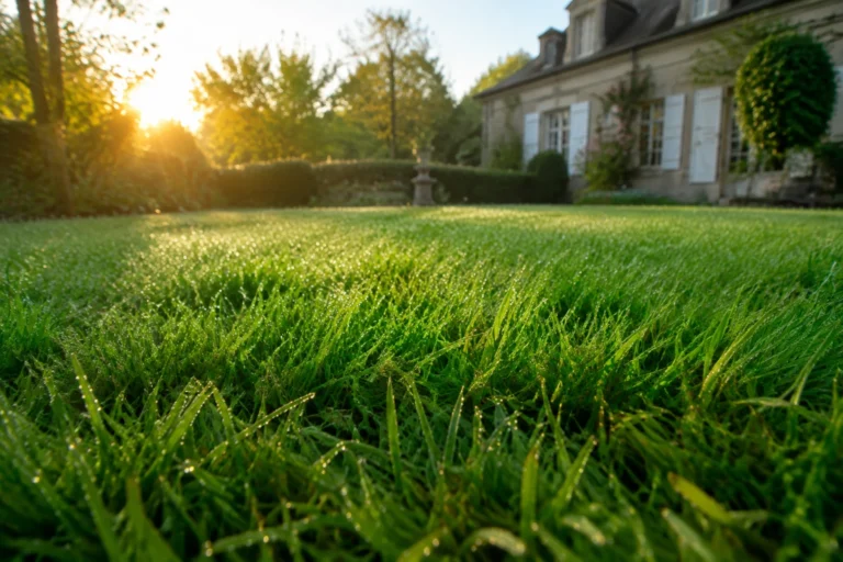 Pelouse verte couverte de rosée au lever du soleil dans un jardin de pavillon