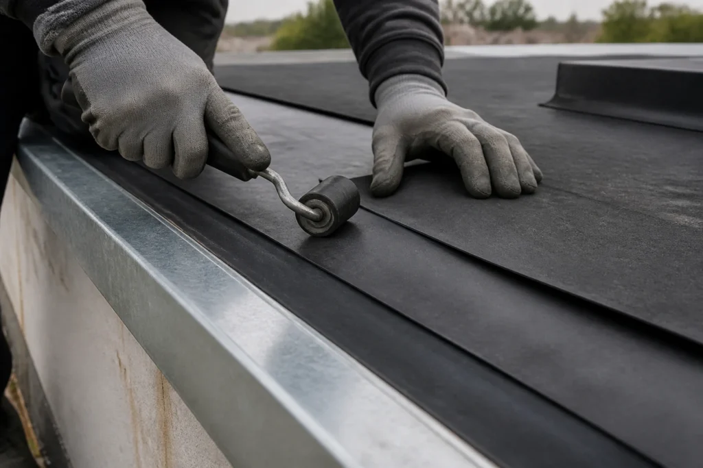 Application d'une membrane d'étanchéité EPDM sur une toiture plate près d'une gouttière