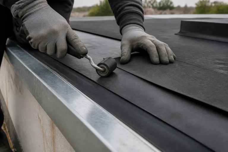 Application d'une membrane d'étanchéité EPDM sur une toiture plate près d'une gouttière