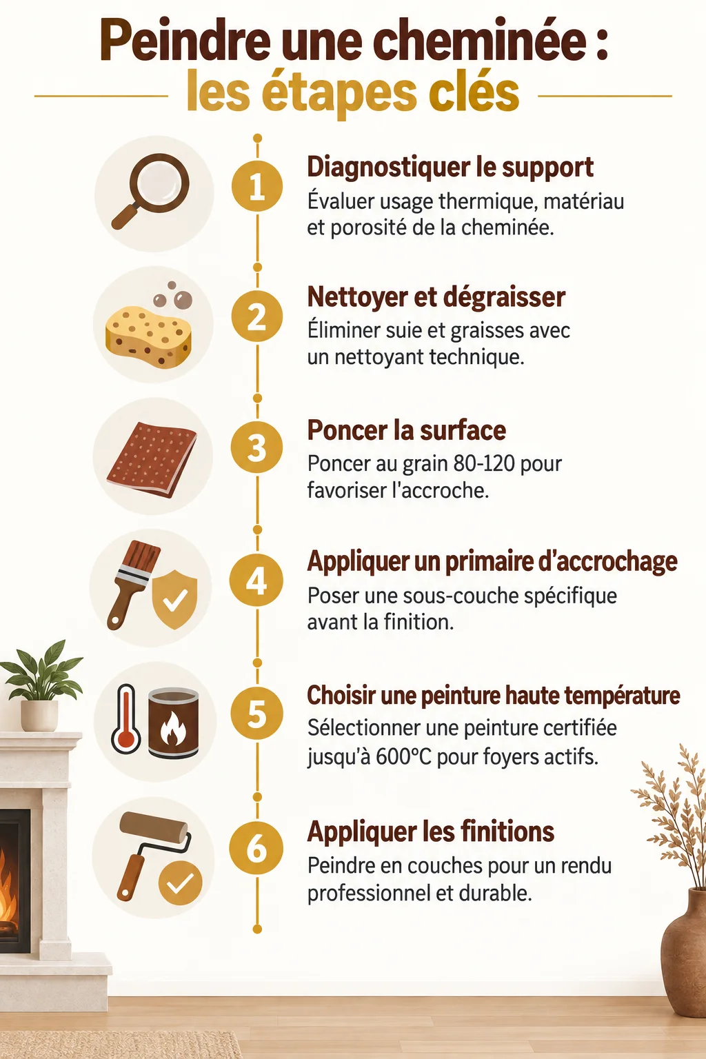 Peindre une cheminée : les étapes clés : 1. Diagnostiquer le support, 2. Nettoyer et dégraisser, 3. Poncer la surface, 4. Appliquer un primaire d'accrochage, 5. Choisir une peinture haute température, 6. Appliquer les finitions