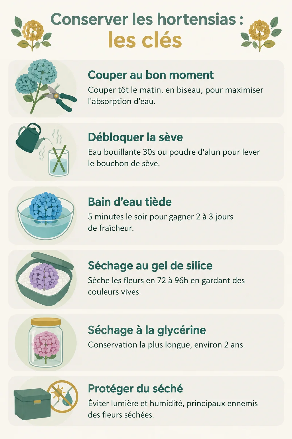 Conserver les hortensias : les clés : Couper au bon moment, Débloquer la sève, Bain d'eau tiède, Séchage au gel de silice, Séchage à la glycérine, Protéger du séché