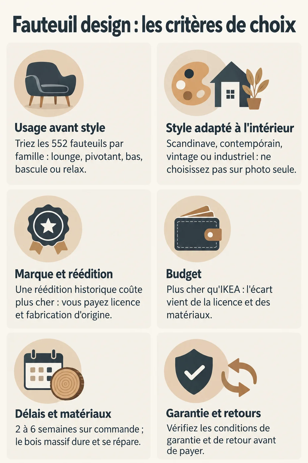 Fauteuil design : les critères de choix : Usage avant style, Style adapté à l'intérieur, Marque et réédition, Budget, Délais et matériaux, Garantie et retours