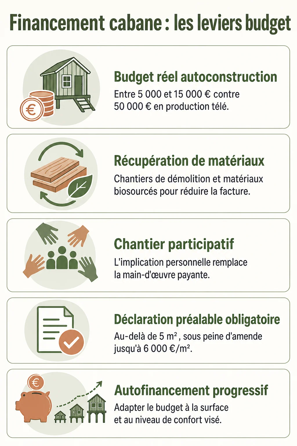 Financement cabane : les leviers budget : Budget réel autoconstruction, Récupération de matériaux, Chantier participatif, Déclaration préalable obligatoire, Autofinancement progressif