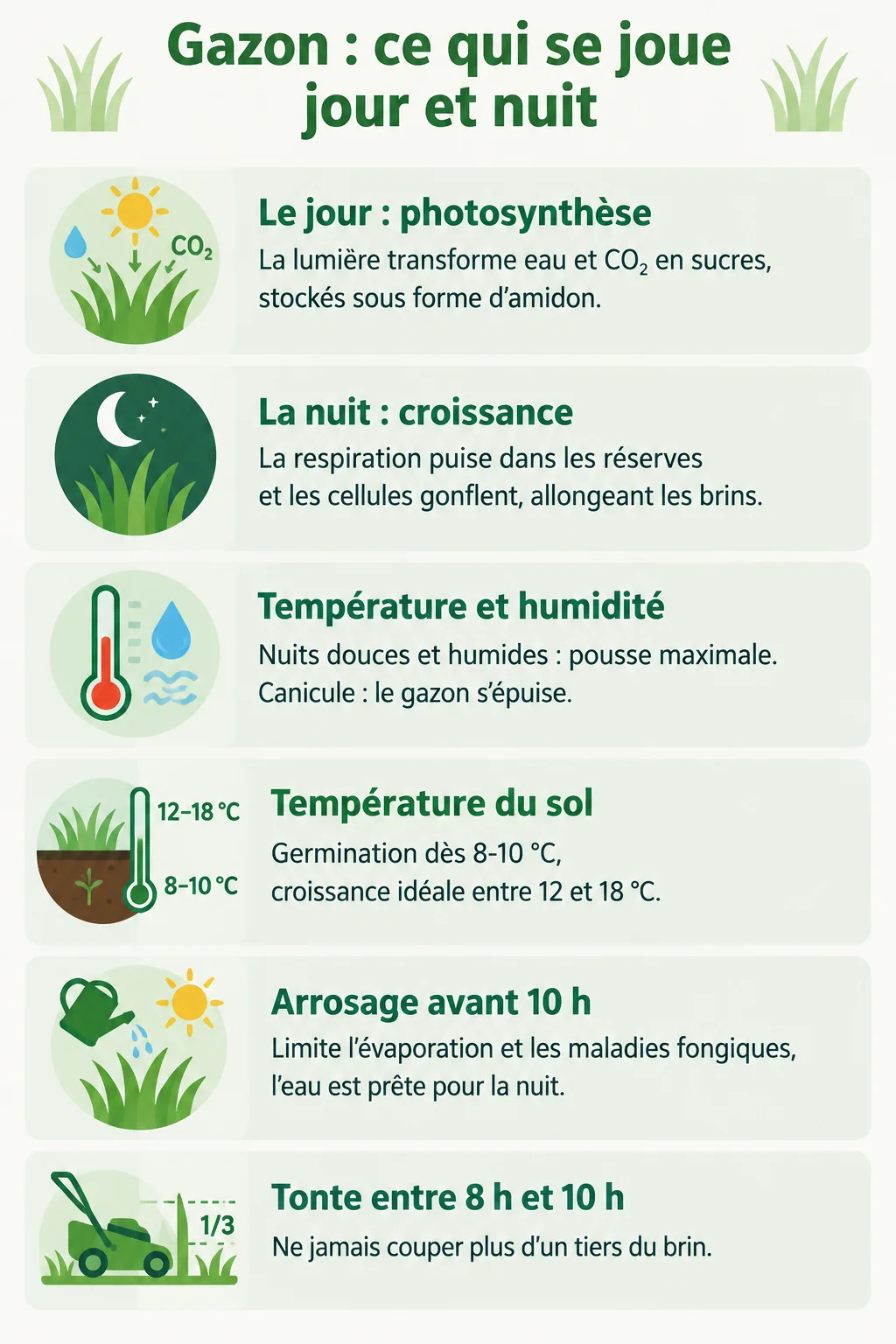 Gazon : ce qui se joue jour et nuit : Le jour : photosynthèse, La nuit : croissance, Température et humidité, Température du sol, Arrosage avant 10 h, Tonte entre 8 h et 10 h