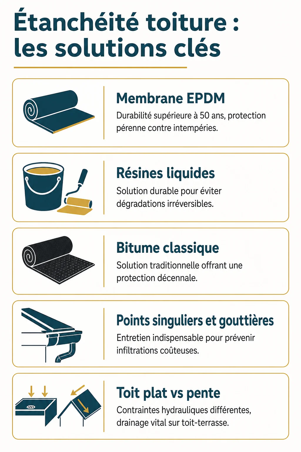 Étanchéité toiture : les solutions clés : Membrane EPDM, Résines liquides, Bitume classique, Points singuliers et gouttières, Toit plat vs pente