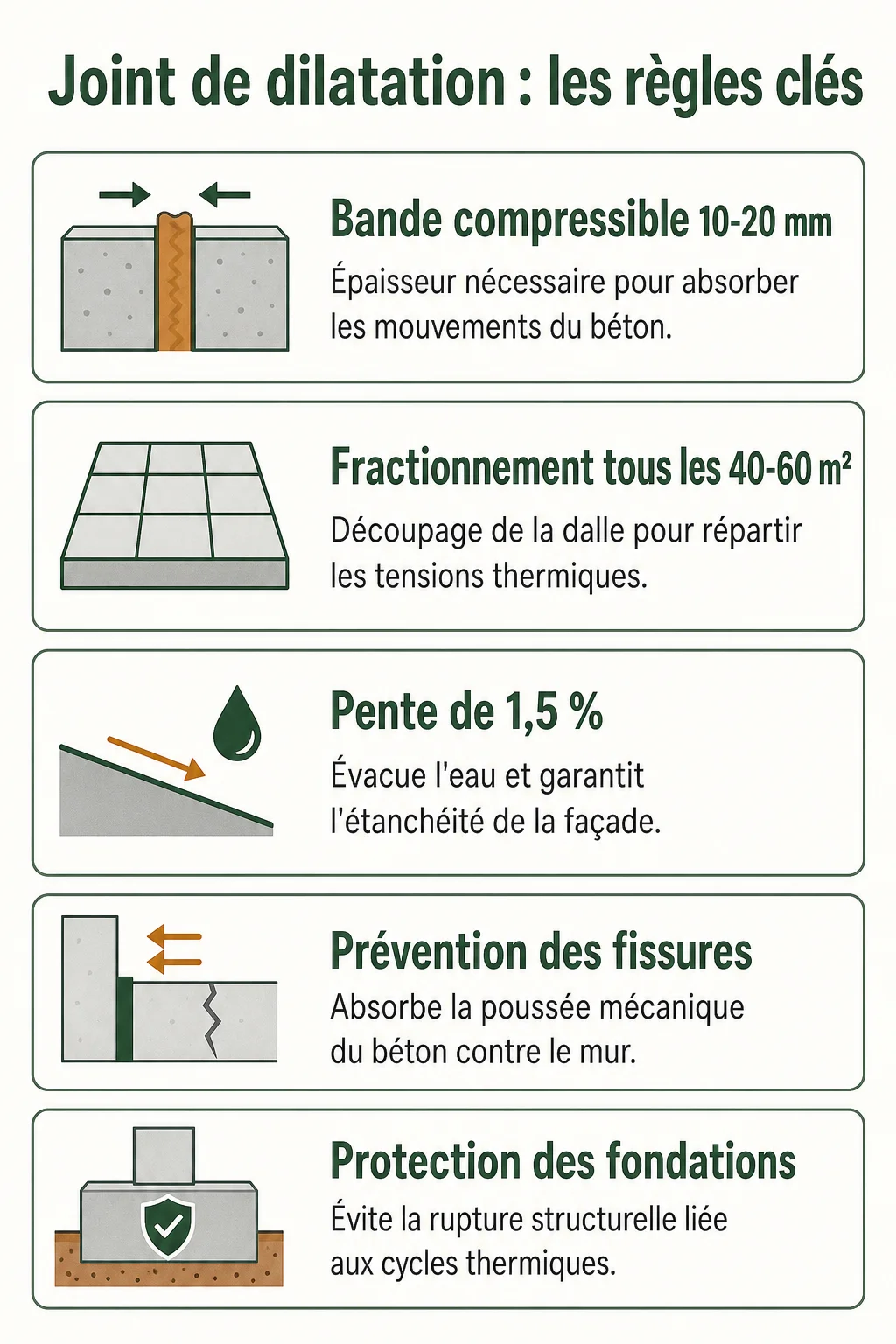 Joint de dilatation : les règles clés : Bande compressible 10-20 mm, Fractionnement tous les 40-60 m², Pente de 1,5 %, Prévention des fissures, Protection des fondations