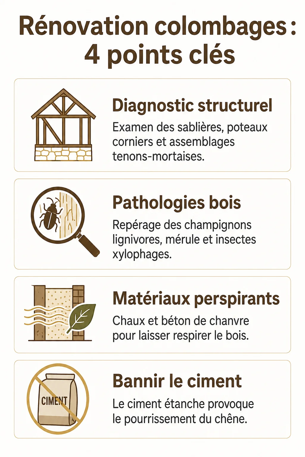 Rénovation colombages : 4 points clés : Diagnostic structurel, Pathologies bois, Matériaux perspirants, Bannir le ciment