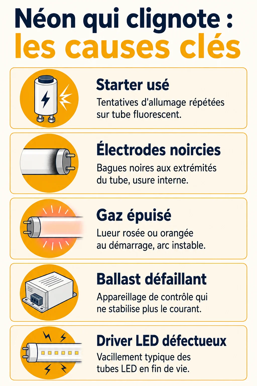 Néon qui clignote : les causes clés : Starter usé, Électrodes noircies, Gaz épuisé, Ballast défaillant, Driver LED défectueux