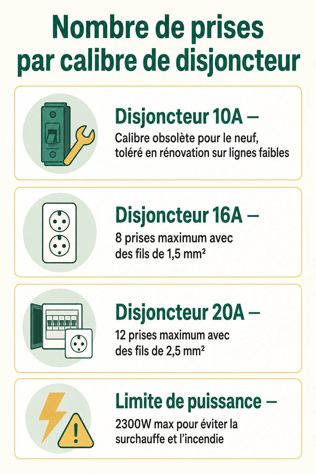 Nombre de prises par calibre de disjoncteur : Disjoncteur 10A, Disjoncteur 16A, Disjoncteur 20A, Limite de puissance