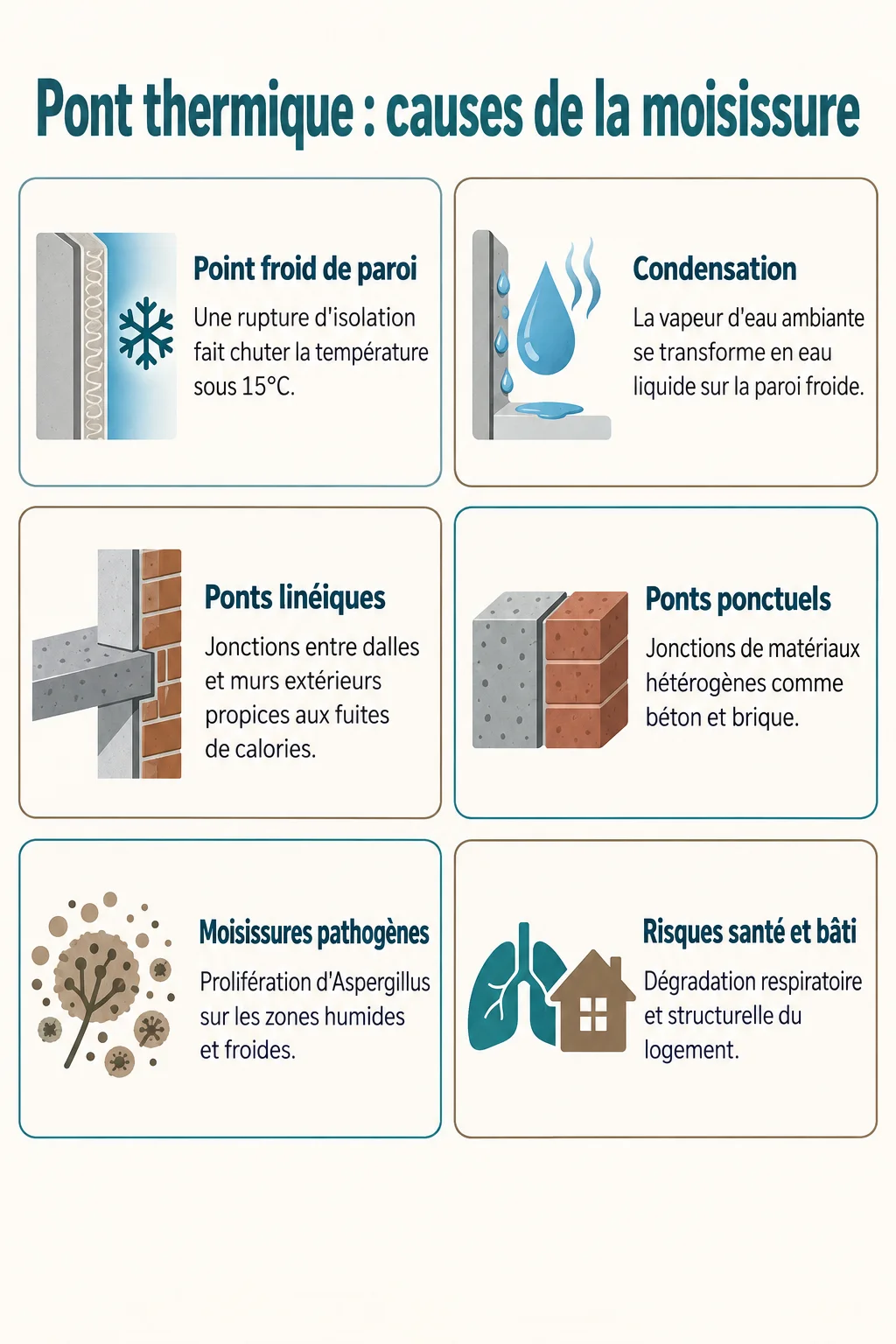 Pont thermique : causes de la moisissure : Point froid de paroi, Condensation, Ponts linéiques, Ponts ponctuels, Moisissures pathogènes, Risques santé et bâti