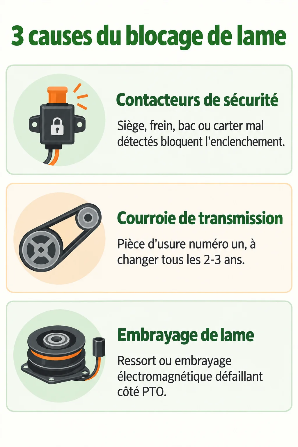 3 causes du blocage de lame : Contacteurs de sécurité, Courroie de transmission, Embrayage de lame