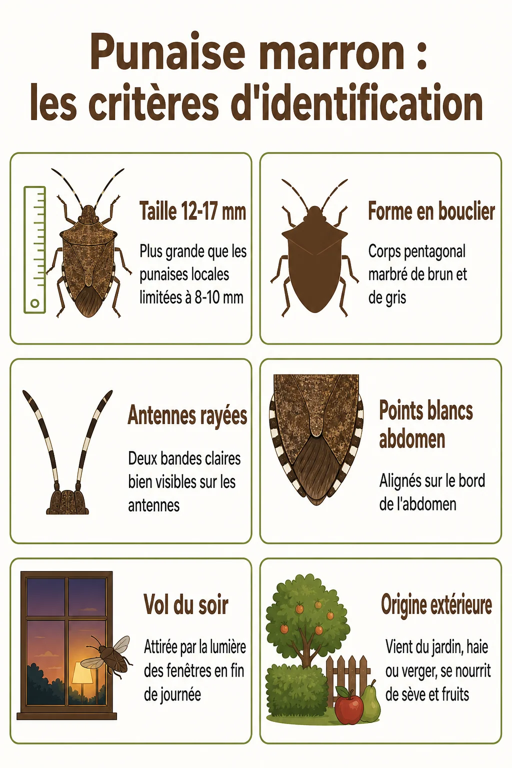 Punaise marron : les critères d'identification : Taille 12-17mm, Forme en bouclier, Antennes rayées, Points blancs abdomen, Vol du soir, Origine extérieure