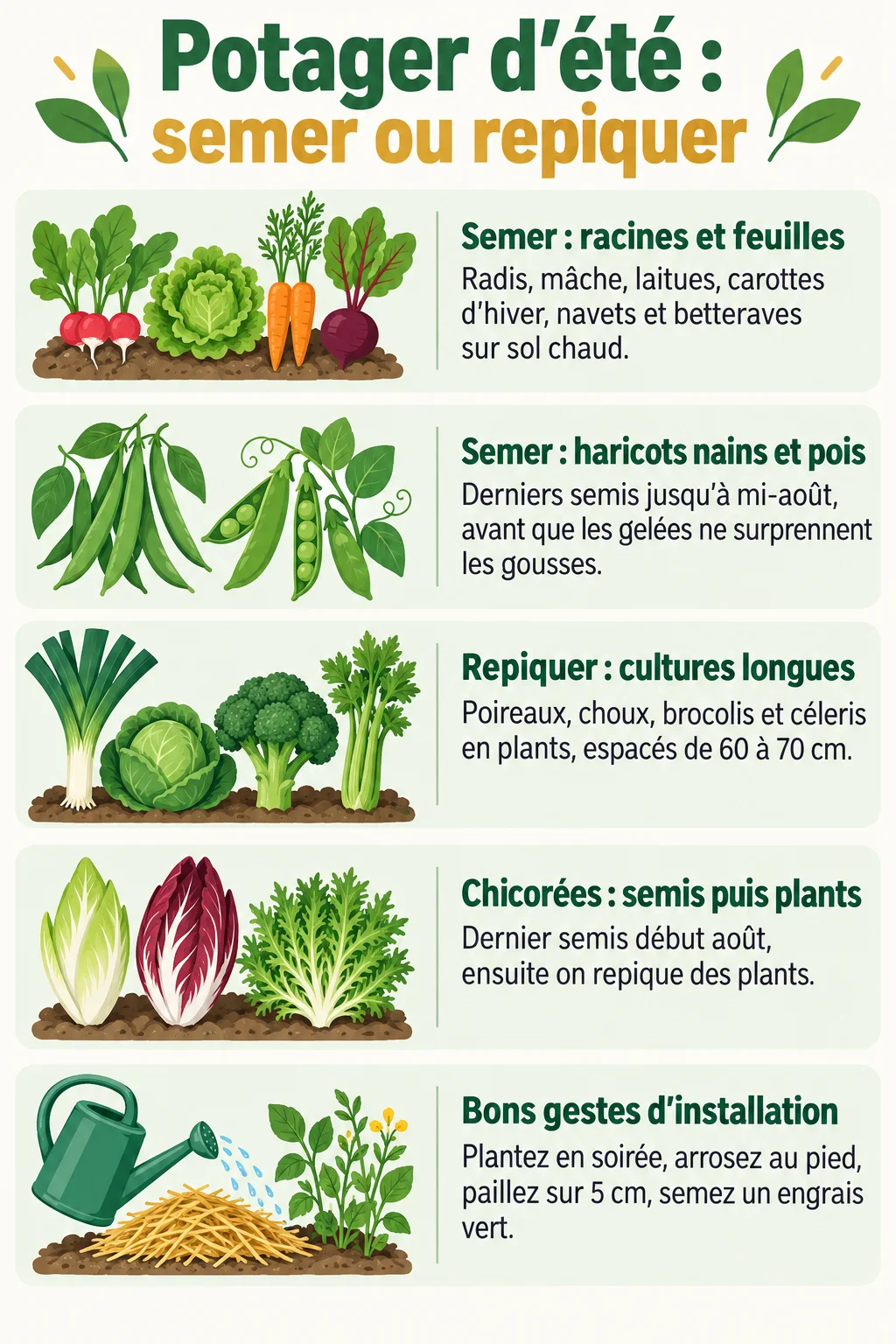 Potager d'été : semer ou repiquer : Semer : racines et feuilles, Semer : haricots nains et pois, Repiquer : cultures longues, Chicorées : semis puis plants, Bons gestes d'installation