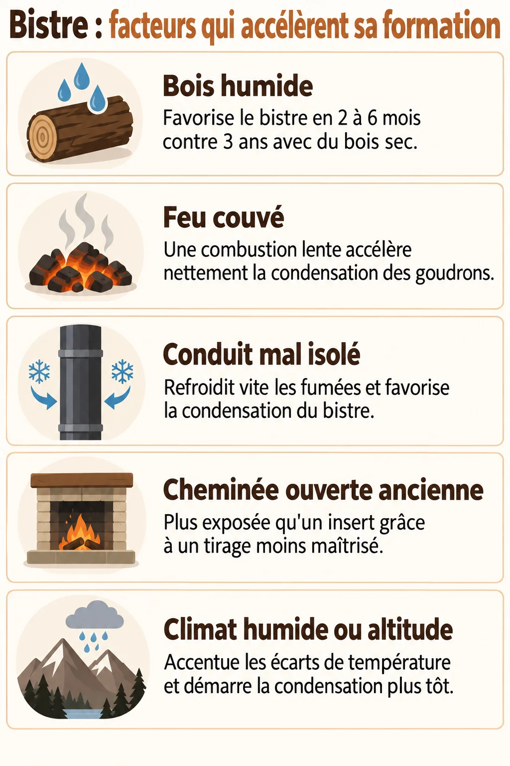 Bistre : facteurs qui accélèrent sa formation : Bois humide, Feu couvé, Conduit mal isolé, Cheminée ouverte ancienne, Climat humide ou altitude