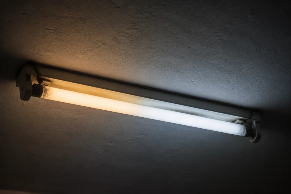 Tube fluorescent aux extrémités noircies clignotant sur un plafond