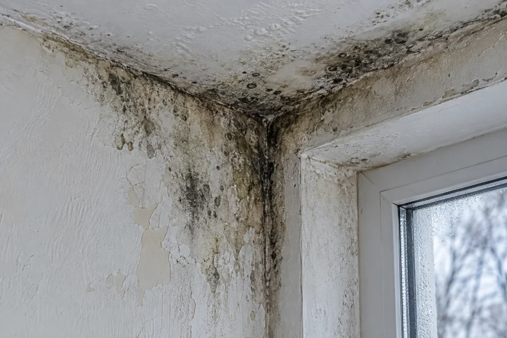 Moisissure noire dans un angle de mur près d'une fenêtre, signe d'un pont thermique