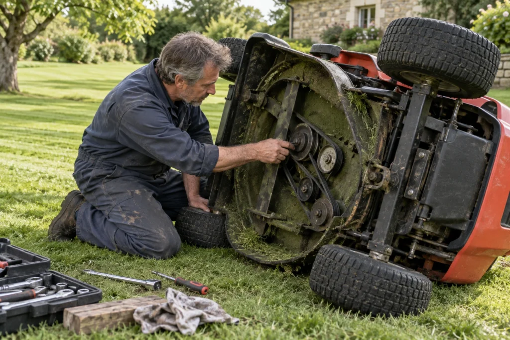Artisan inspectant la courroie d'un tracteur tondeuse basculé pour diagnostiquer un problème d'enclenchement de lame