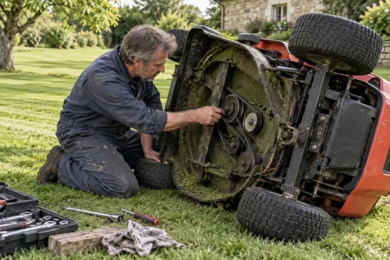 Artisan inspectant la courroie d'un tracteur tondeuse basculé pour diagnostiquer un problème d'enclenchement de lame