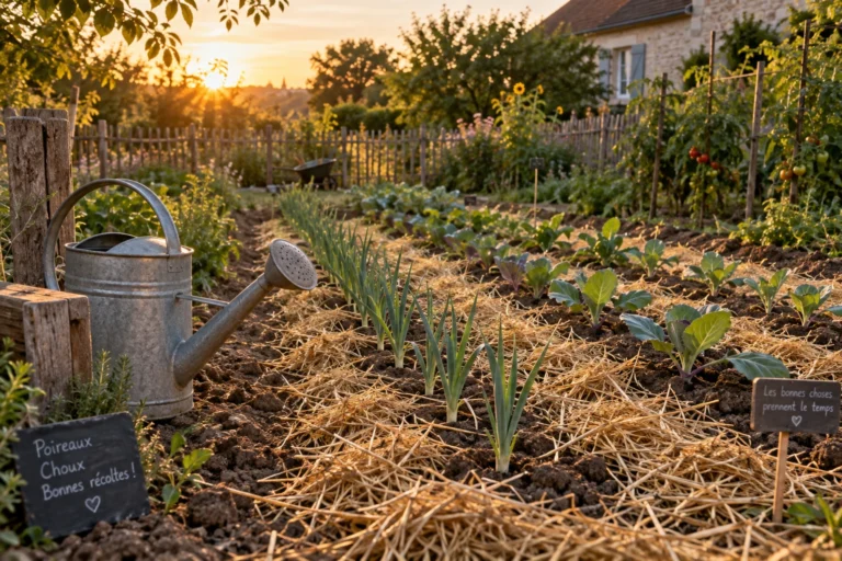 Jeunes plants de poireaux et de choux repiqués dans un potager paillé au coucher du soleil