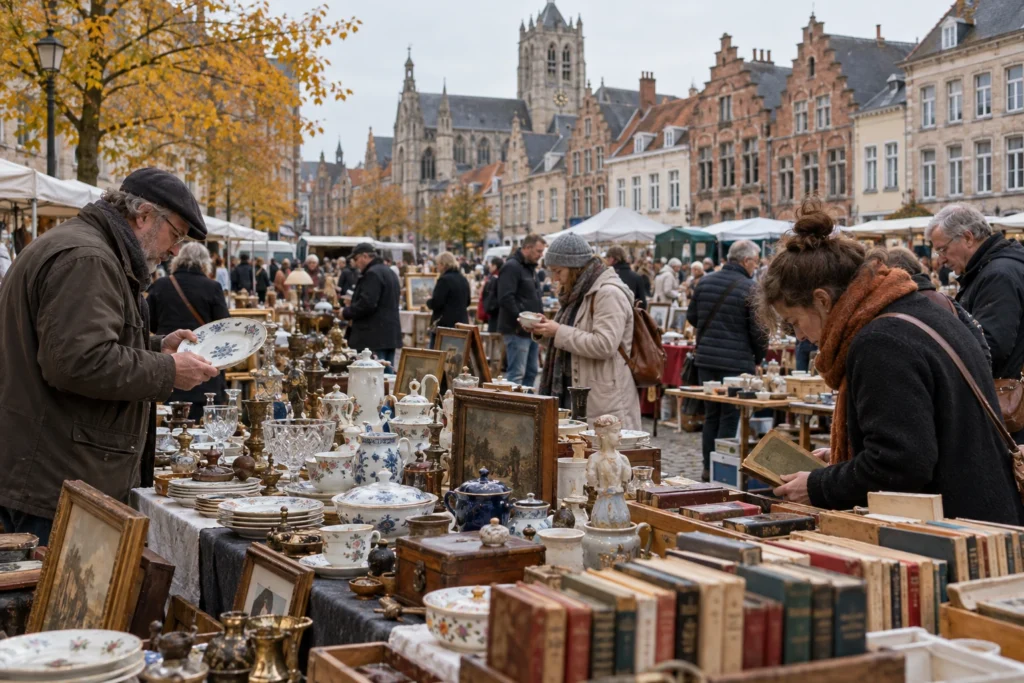 Chineurs parcourant les étals d'une brocante en plein air dans le Nord de la France