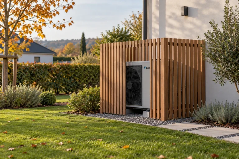Pompe à chaleur de jardin habillée d'une palissade en bois ajourée avec dégagement autour de l'unité