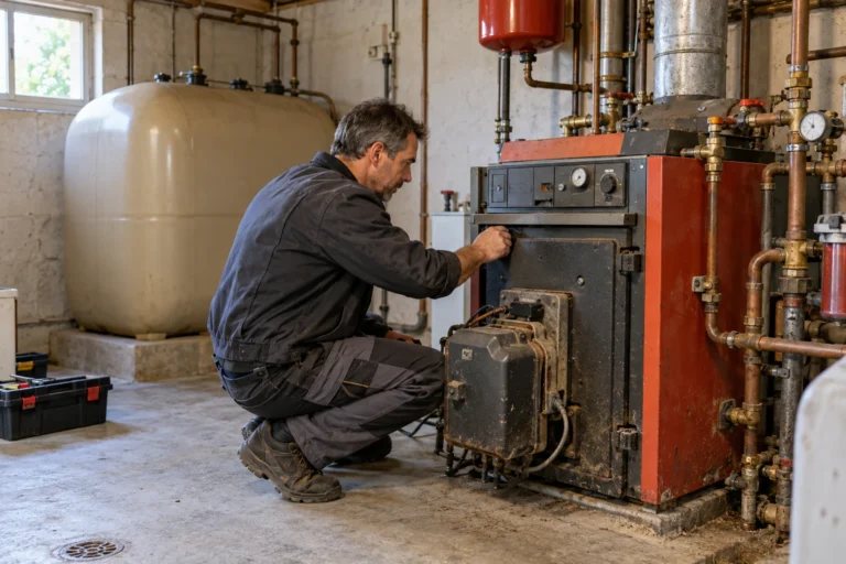 Artisan chauffagiste inspectant une ancienne chaudière fioul dans une chaufferie de maison