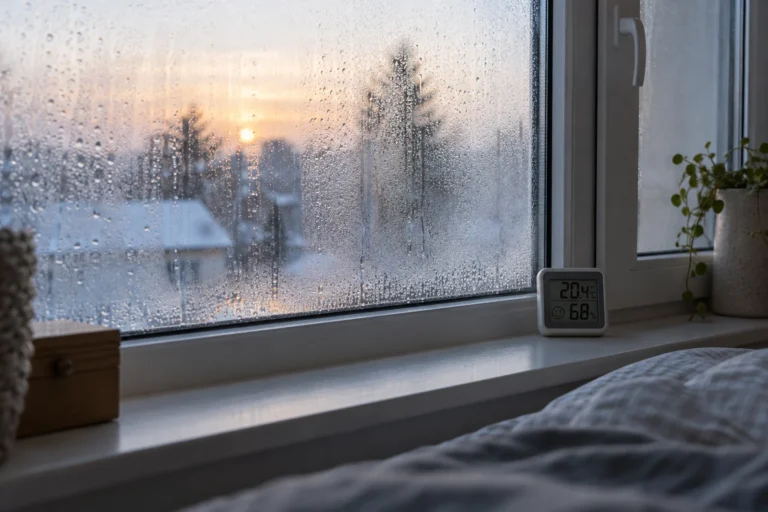 Fenêtre embuée sur sa face intérieure avec un hygromètre posé sur le rebord, le matin