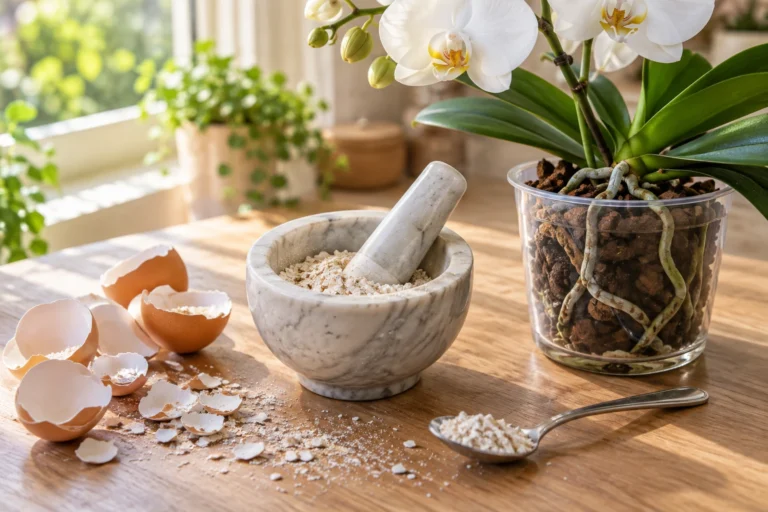 Poudre de coquilles d'œufs dans un mortier à côté d'une orchidée phalaenopsis en pot transparent rempli d'écorce