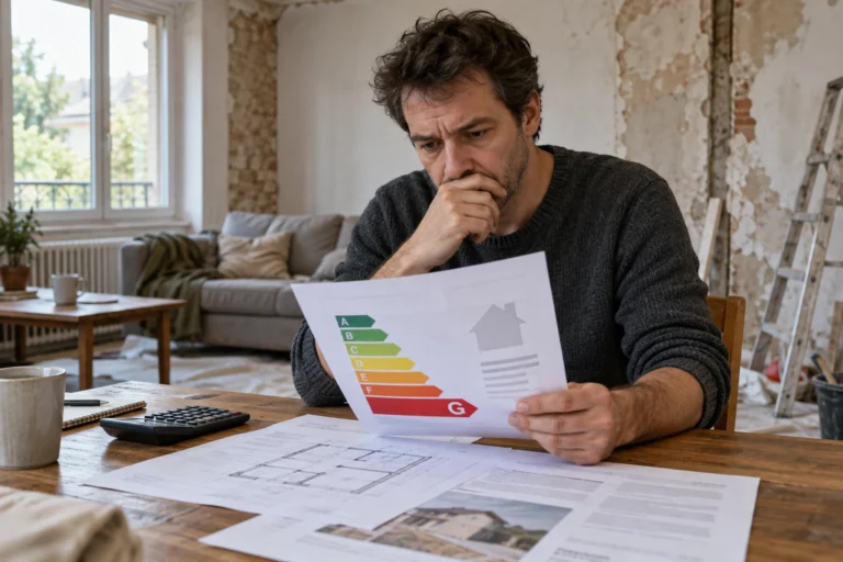 Propriétaire consultant un diagnostic énergétique classé G dans un logement ancien en rénovation
