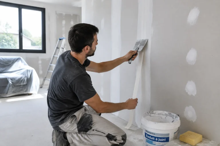 Artisan posant une bande à joint papier sur un enduit frais entre deux plaques de plâtre