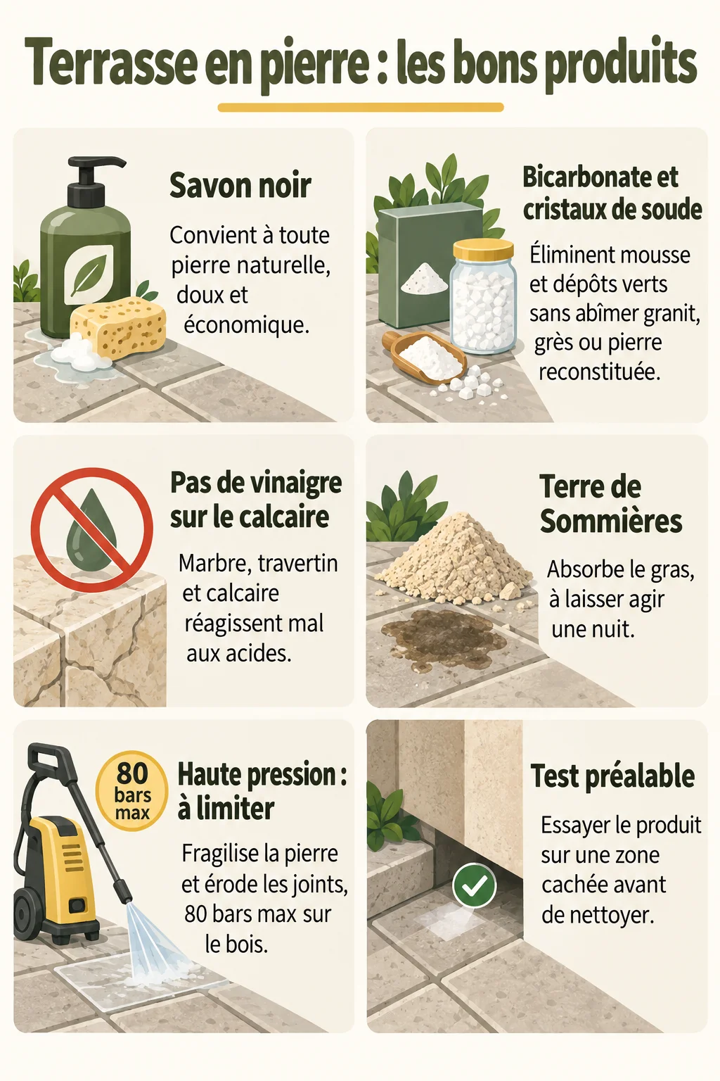Terrasse en pierre : les bons produits : Savon noir, Bicarbonate et cristaux de soude, Pas de vinaigre sur le calcaire, Terre de Sommières, Haute pression : à limiter, Test préalable