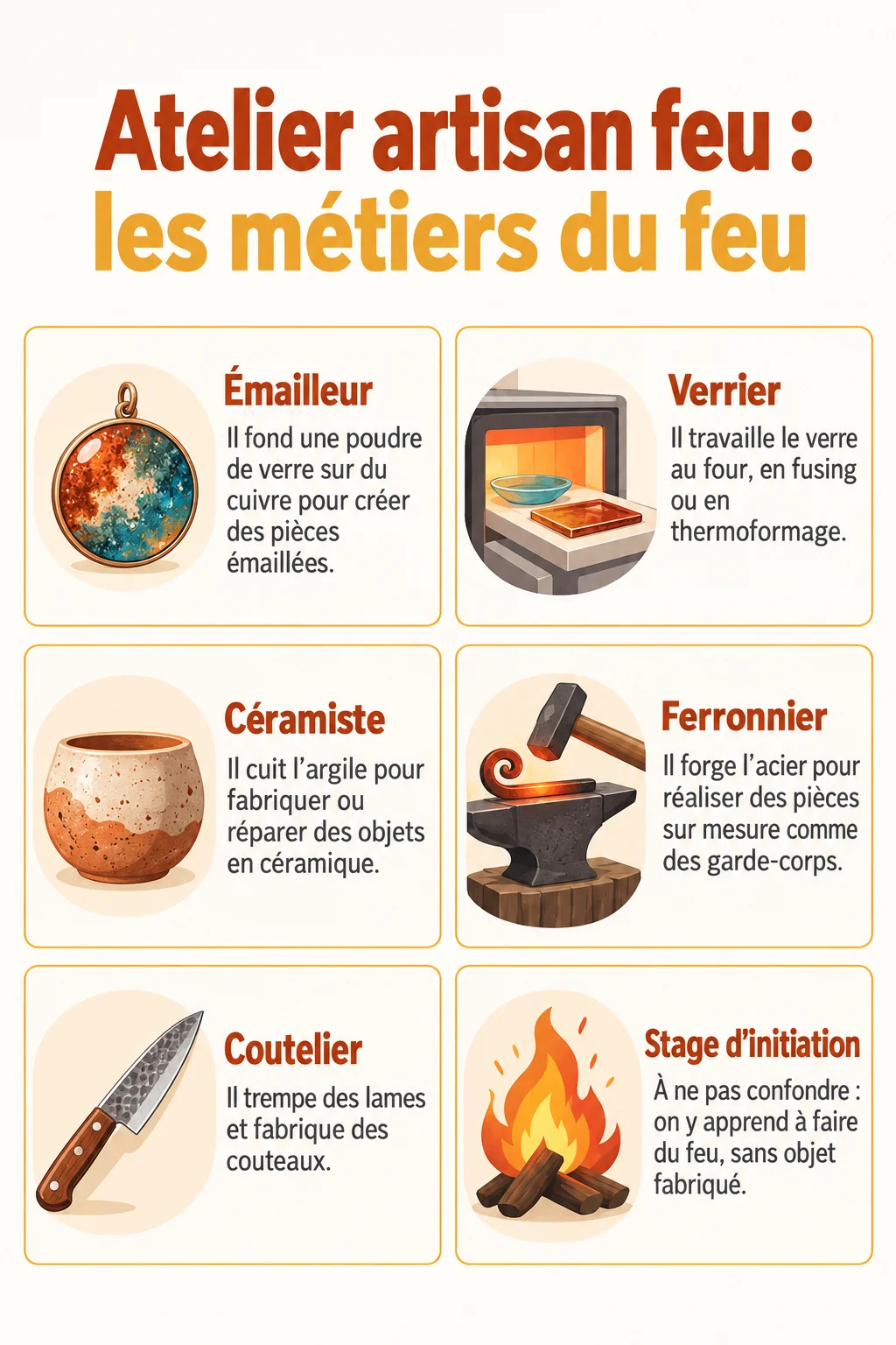 Atelier artisan feu : les métiers du feu : Émailleur, Verrier, Céramiste, Ferronnier, Coutelier, Stage d'initiation