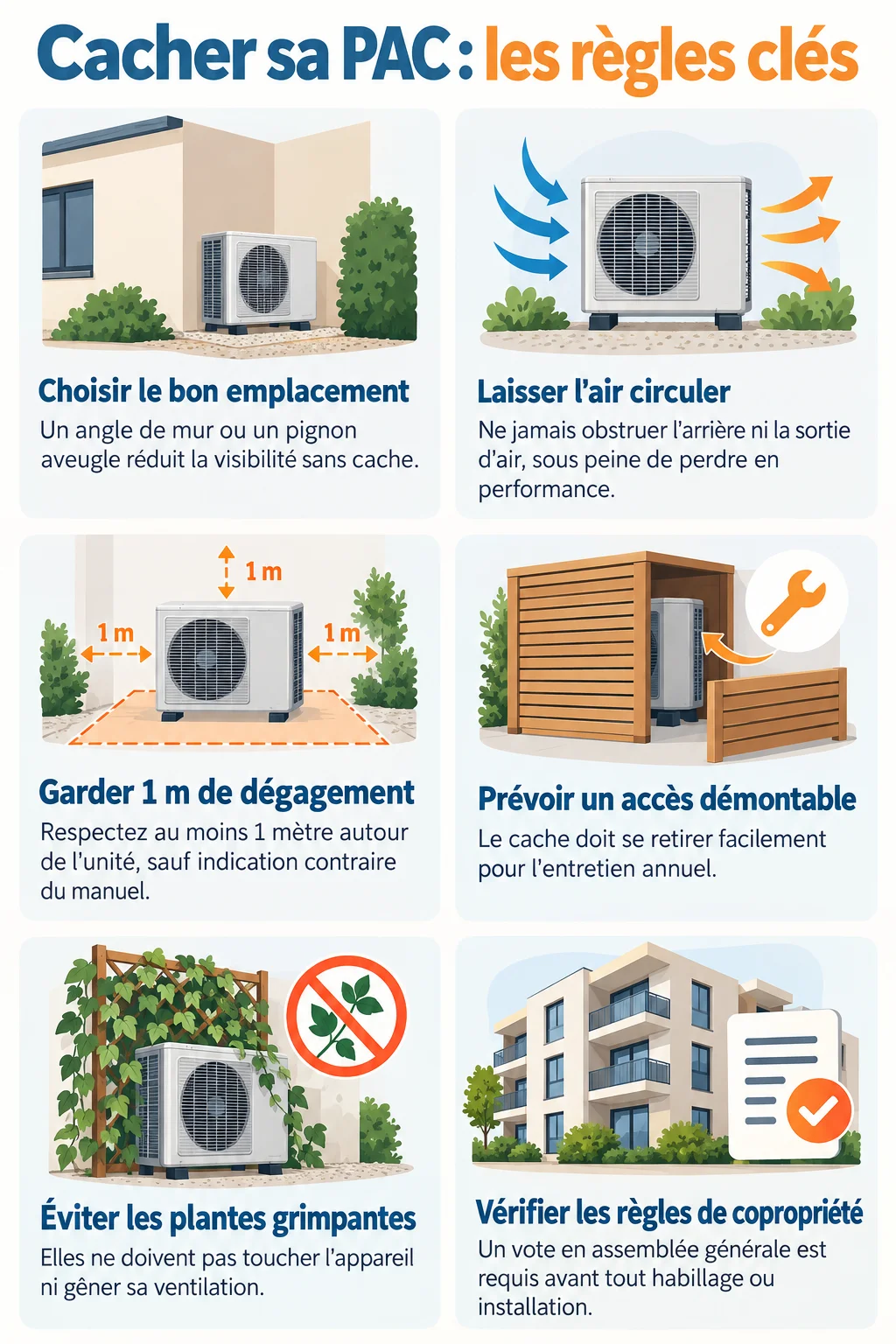 Cacher sa PAC : les règles clés : Choisir le bon emplacement, Laisser l'air circuler, Garder 1 m de dégagement, Prévoir un accès démontable, Éviter les plantes grimpantes, Vérifier les règles de copropriété