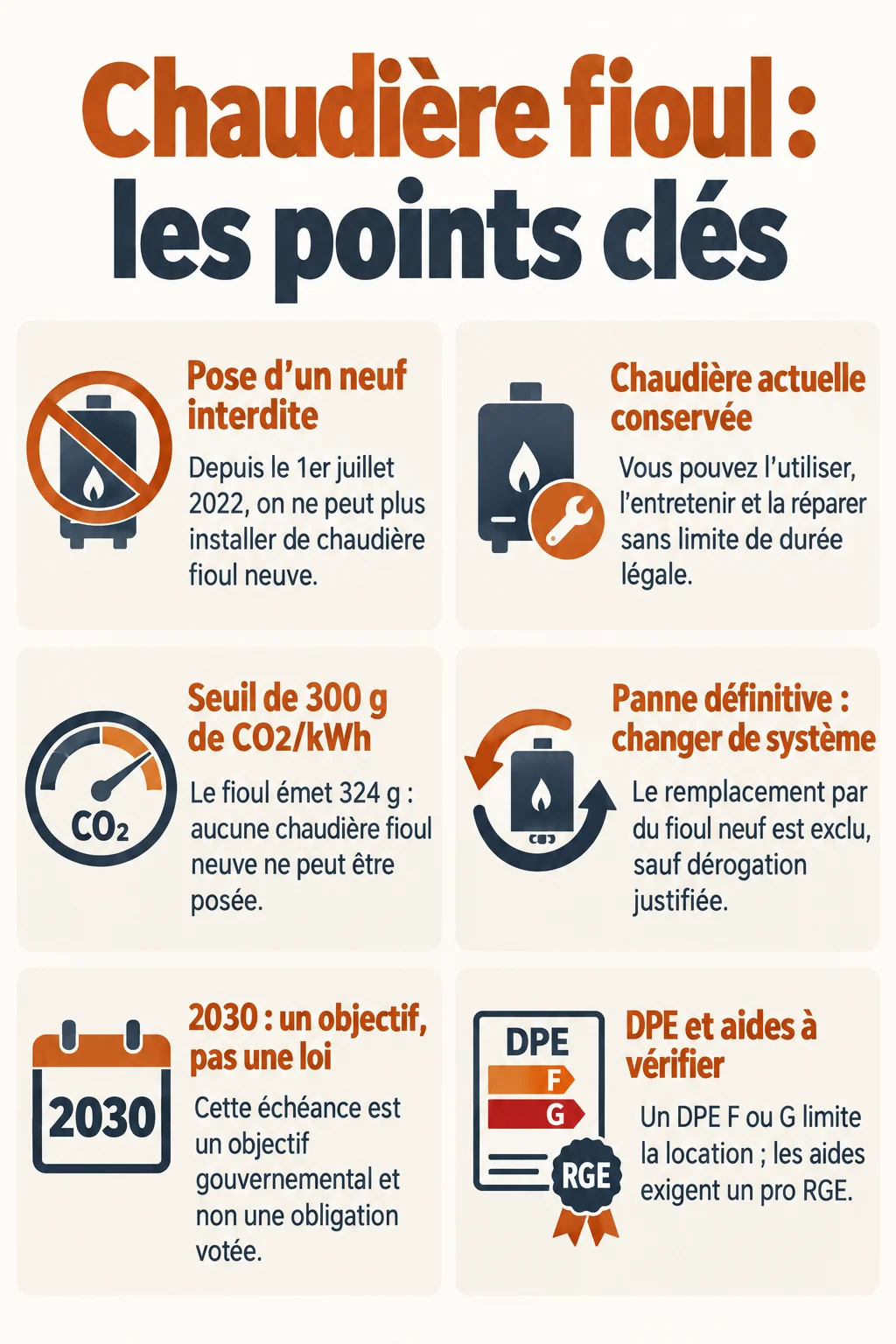 Chaudière fioul : les points clés : Pose d'un neuf interdite, Chaudière actuelle conservée, Seuil de 300 g de CO2/kWh, Panne définitive : changer de système, 2030 : un objectif, pas une loi, DPE et aides à vérifier
