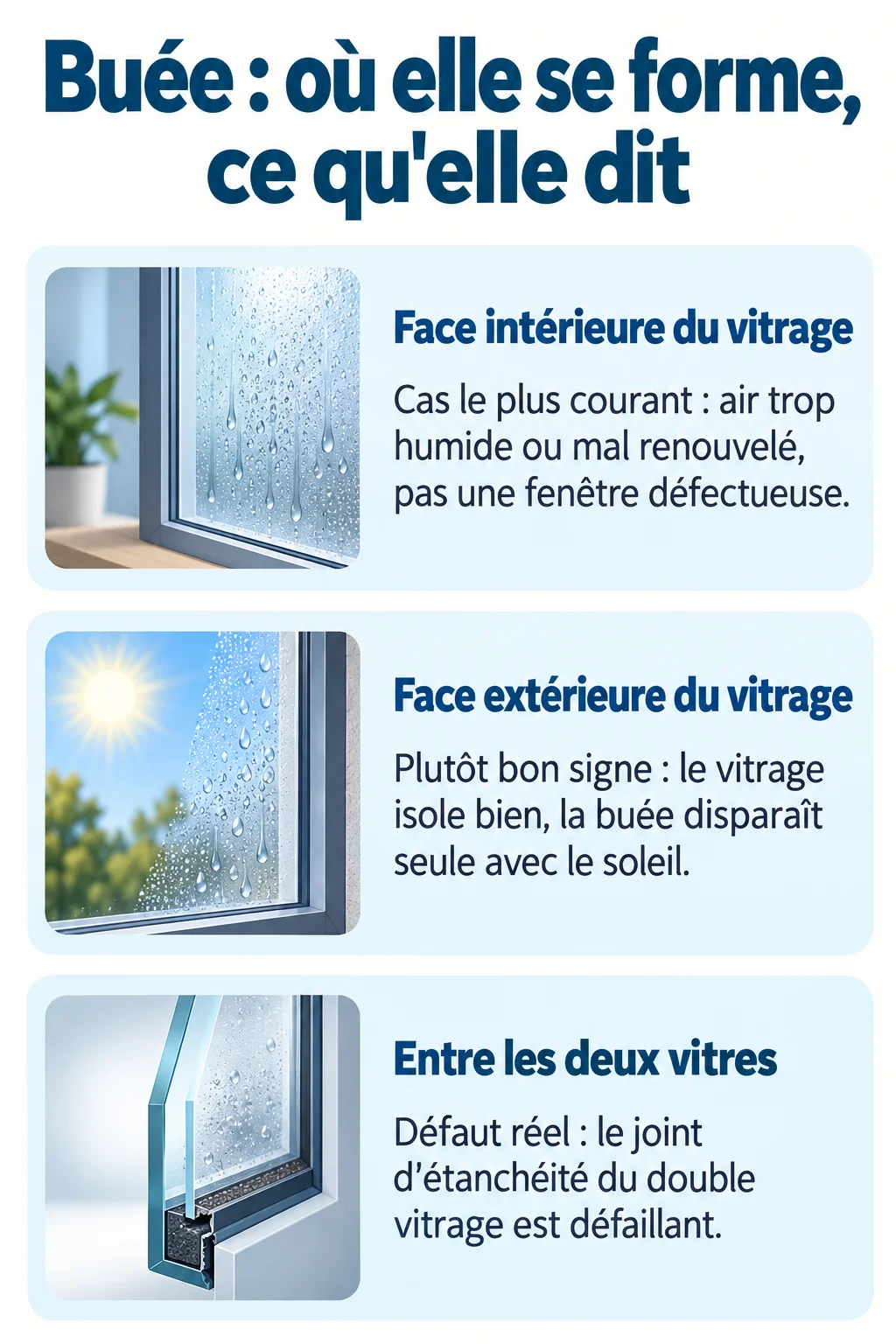 Buée : où elle se forme, ce qu'elle dit : Face intérieure du vitrage, Face extérieure du vitrage, Entre les deux vitres