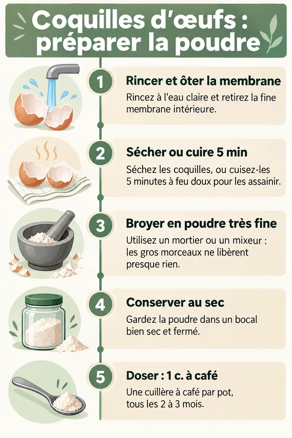Coquilles d'œufs : préparer la poudre : 1. Rincer et ôter la membrane, 2. Sécher ou cuire 5 min, 3. Broyer en poudre très fine, 4. Conserver au sec, 5. Doser : 1 c. à café