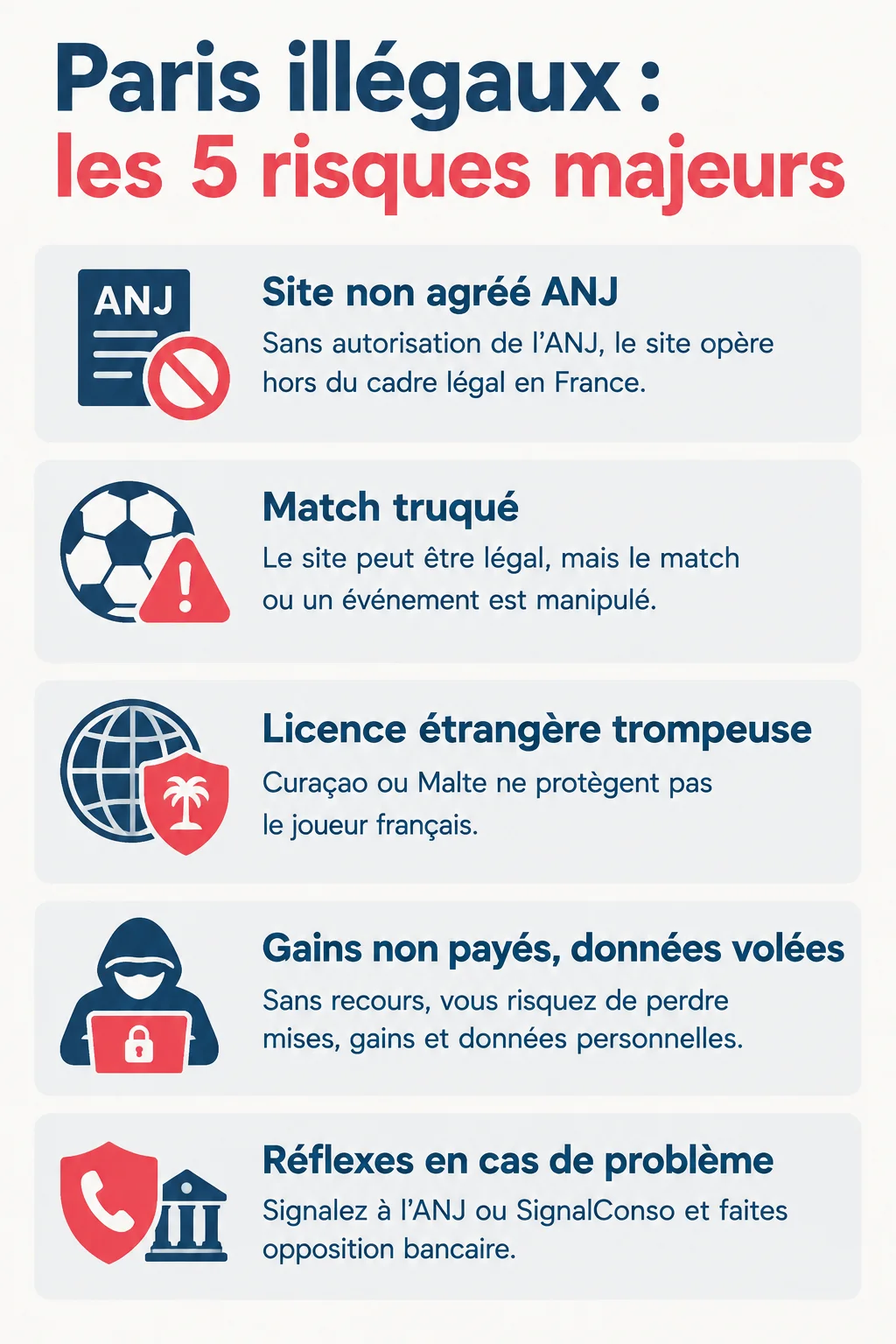Paris illégaux : les 5 risques majeurs : Site non agréé ANJ, Match truqué, Licence étrangère trompeuse, Gains non payés, données volées, Réflexes en cas de problème