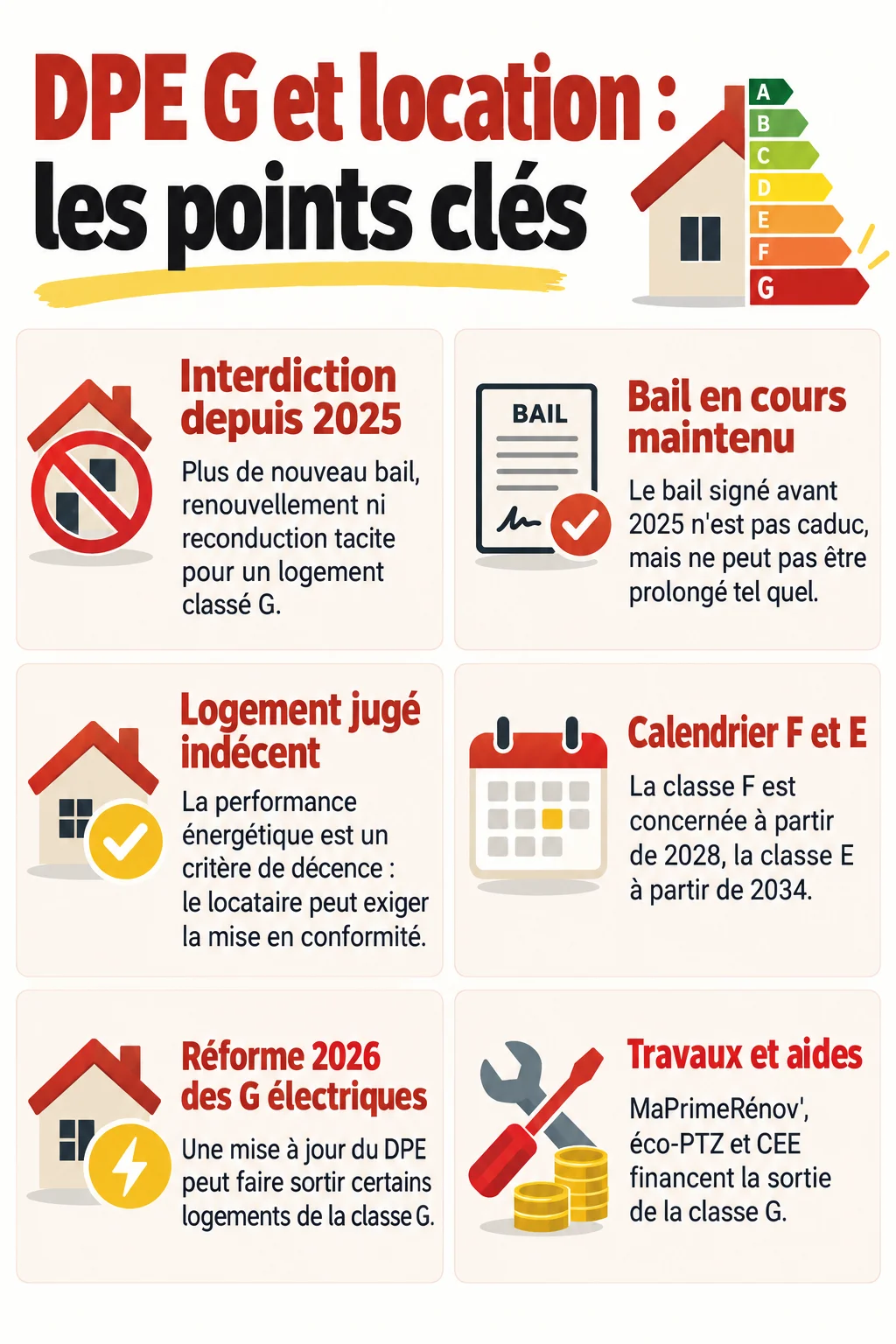 DPE G et location : les points clés : Interdiction depuis 2025, Bail en cours maintenu, Logement jugé indécent, Calendrier F et E, Réforme 2026 des G électriques, Travaux et aides