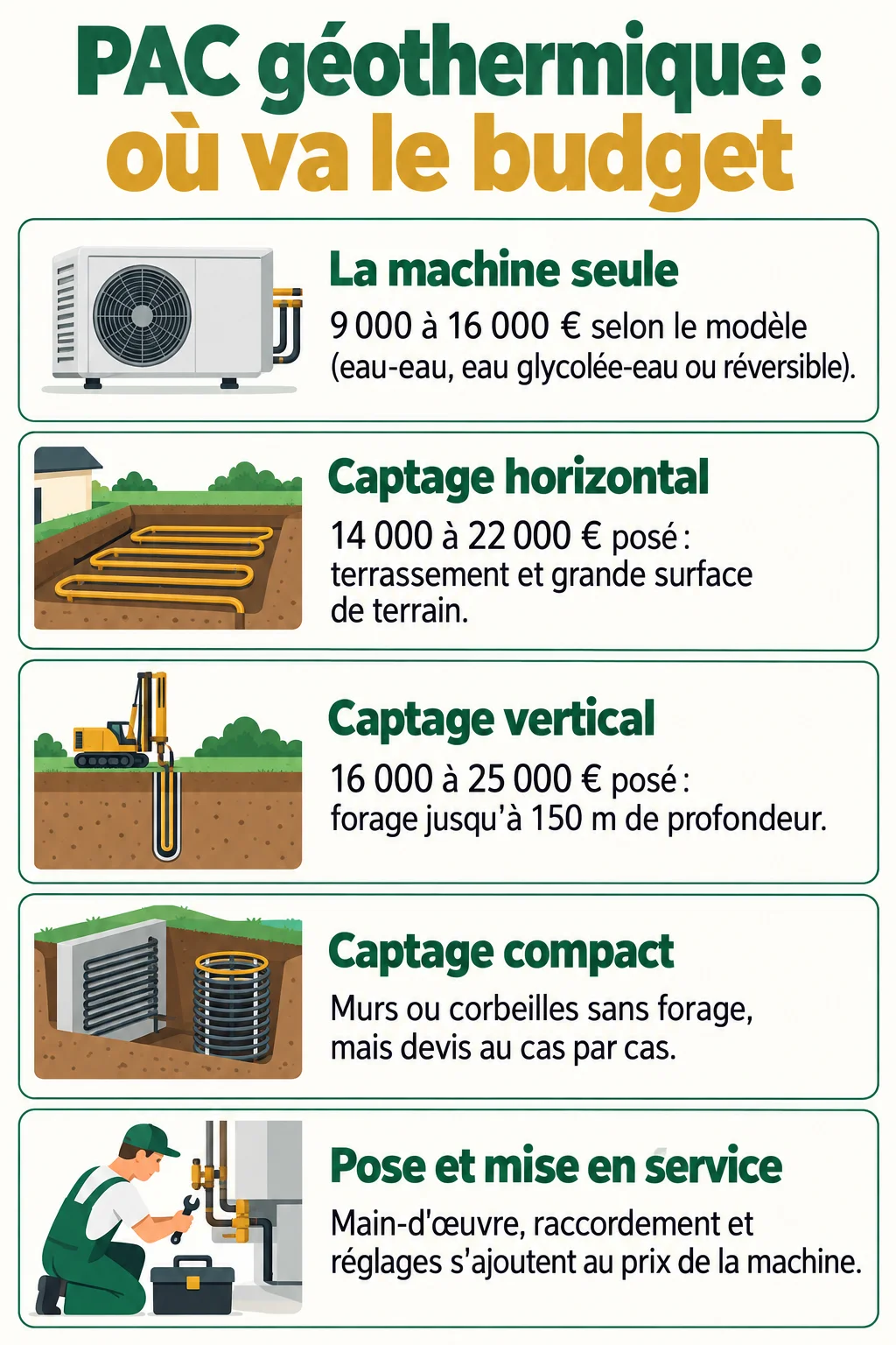PAC géothermique : où va le budget : La machine seule, Captage horizontal, Captage vertical, Captage compact, Pose et mise en service