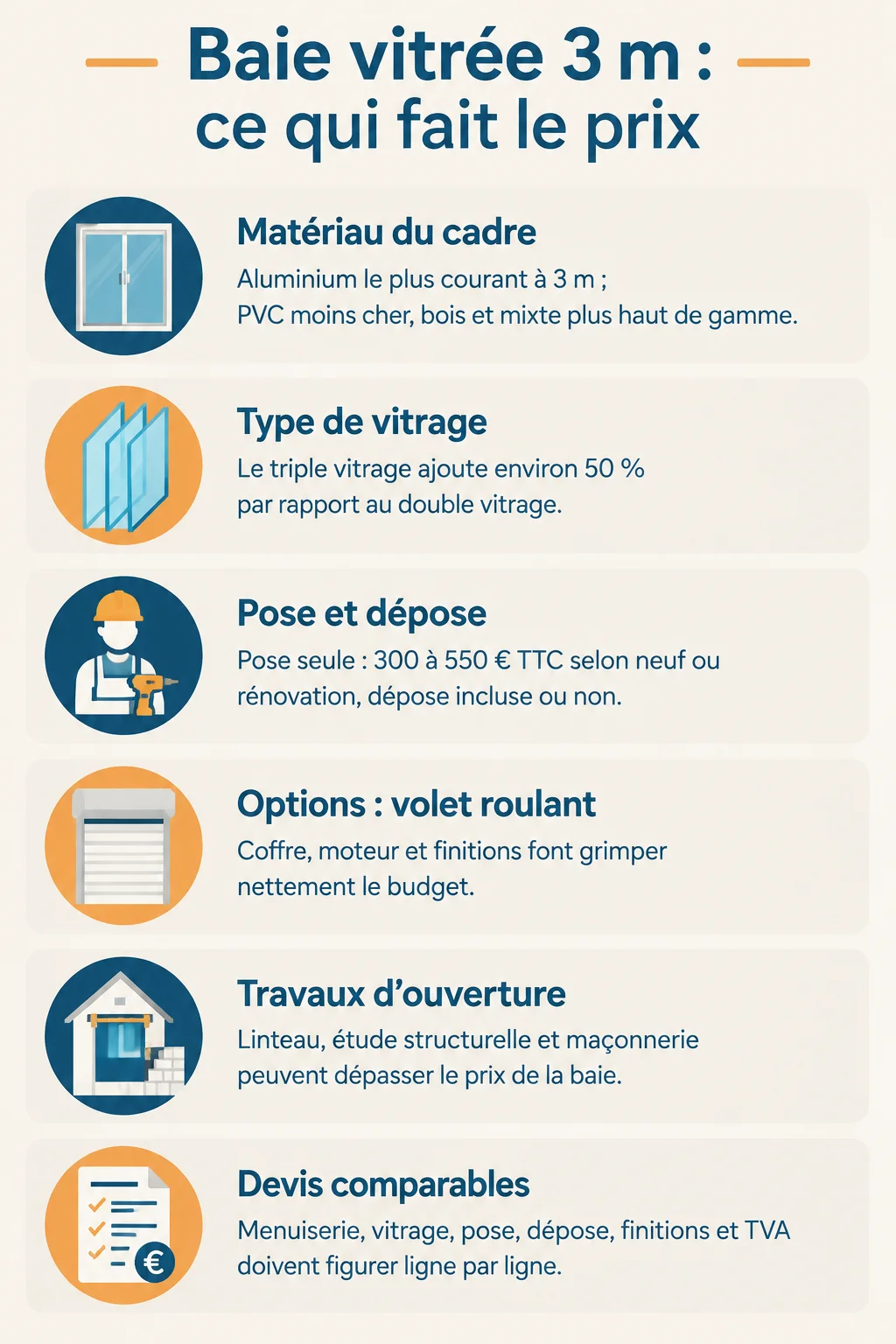 Baie vitrée 3 m : ce qui fait le prix : Matériau du cadre, Type de vitrage, Pose et dépose, Options : volet roulant, Travaux d'ouverture, Devis comparables