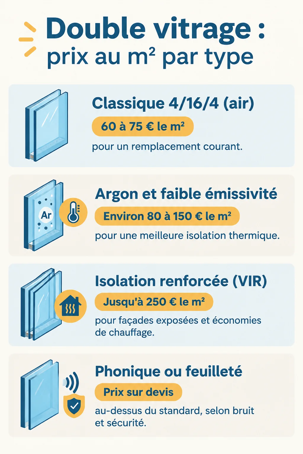 Double vitrage : prix au m² par type : Classique 4/16/4 (air), Argon et faible émissivité, Isolation renforcée (VIR), Phonique ou feuilleté